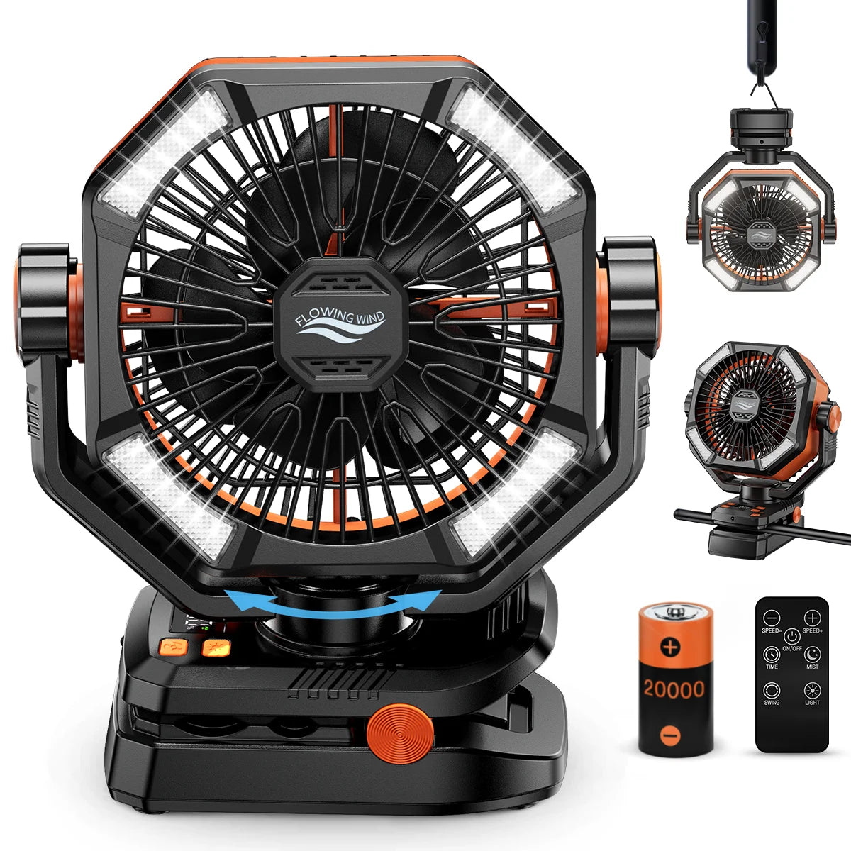 20000mAh Portable Desk Fan with Remote Control, 8 Speeds, and USB Charging