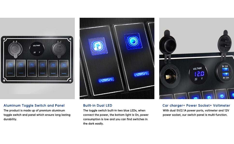 Panel de Interruptores de Aluminio 12V / 24V con USB y LED Azul
