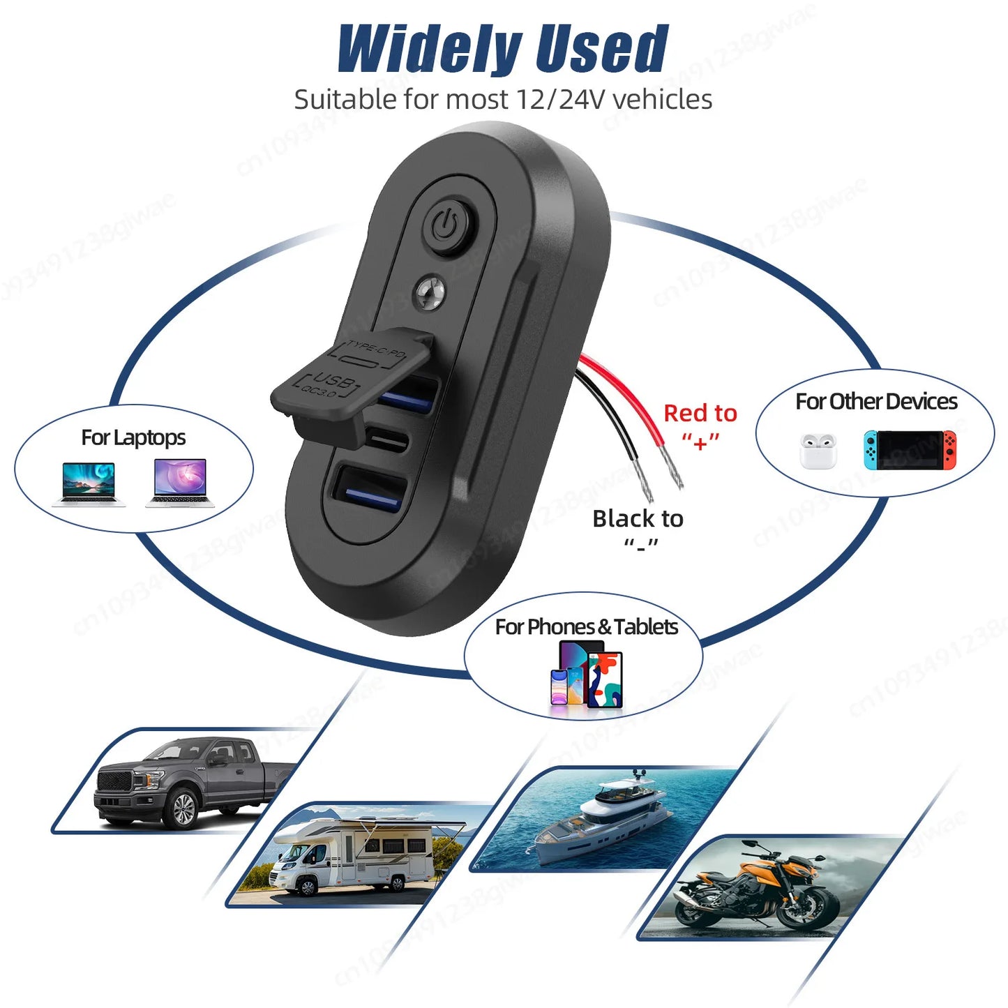 Cargador USB Empotrable 12–24V con 3 Puertos de Carga Rápida