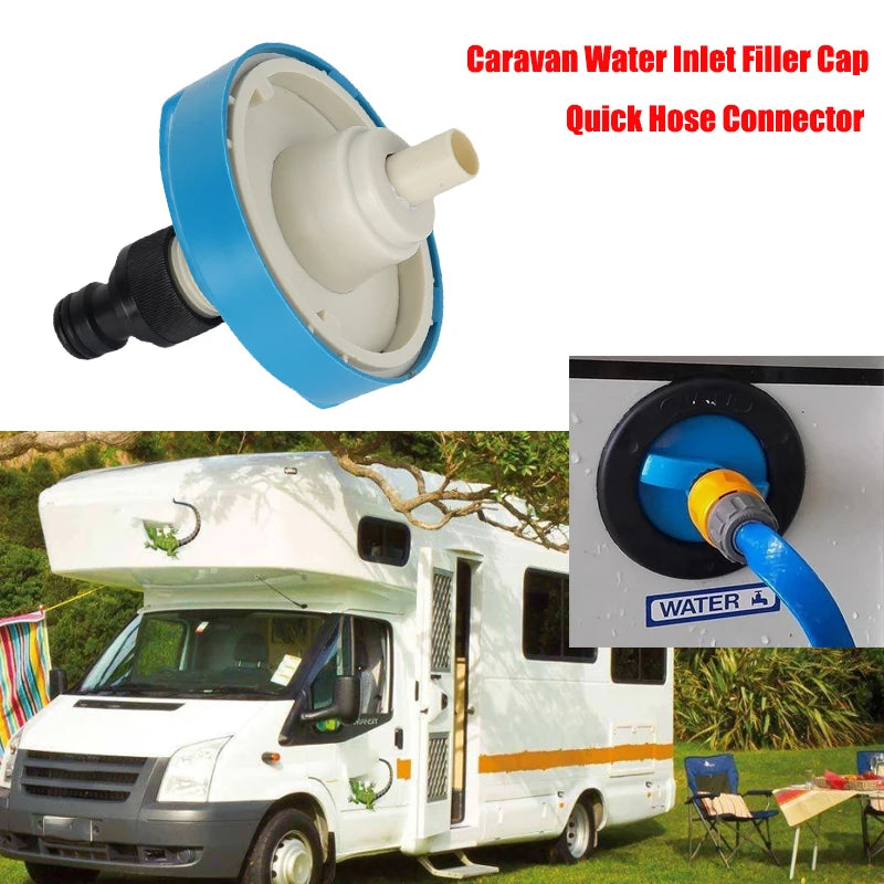 Tapa de entrada de agua para autocaravana con conector rápido de manguera instalada.