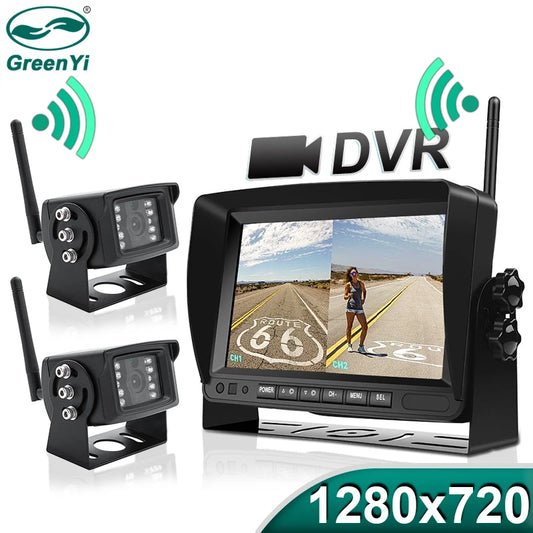 Kit Cámara de Marcha Atrás Inalámbrica AHD 720P GreenYi con Monitor IPS 7”, Grabación DVR y Detección de Ángulo Muerto