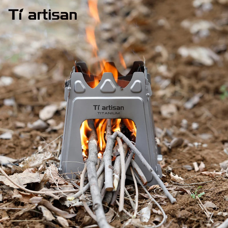 Hornillo Titanio Plegable - Ultraligero + Leña para Camping y Senderismo