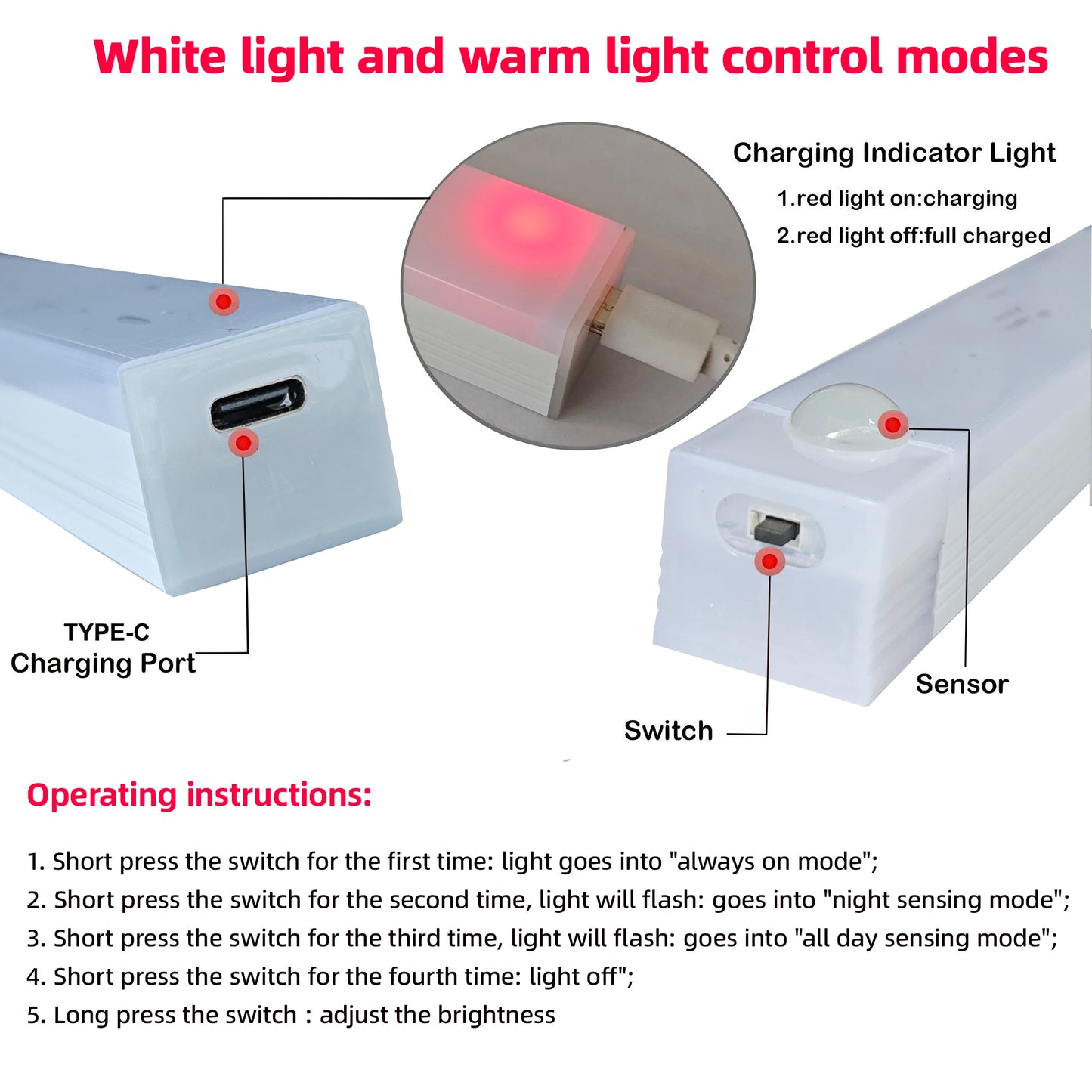Luz LED con Sensor de Movimiento - Recargable USB-C · Magnética · 3 Colores · Sin Cables