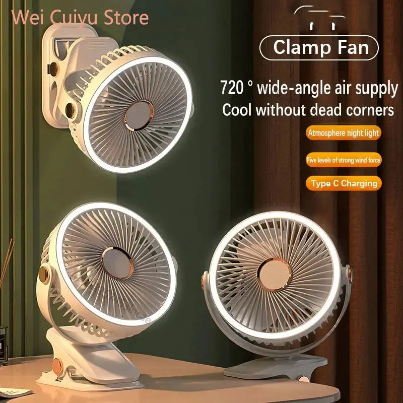 Ventilateur LED rechargeable avec pince | Conception 3-en-1 : table, plafond ou camping