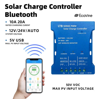 12V/24V PWM Solar Charge Controller with Bluetooth and USB