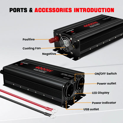 Inversor de Corriente 12V a 220V Onda Modificada | 1500W–4000W | Enchufe EU | Para RV y Camper