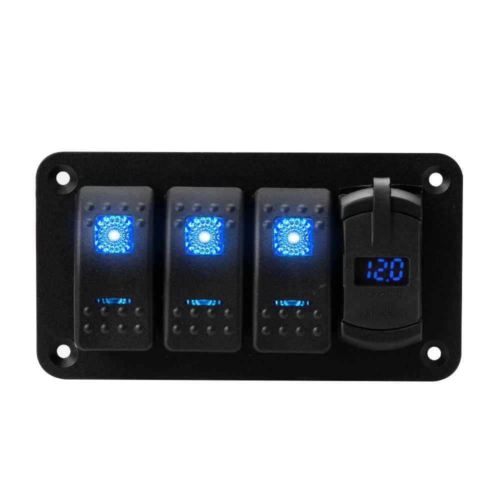 Panel de Interruptores Náutico Estanco 12V con USB y Voltímetro Digital