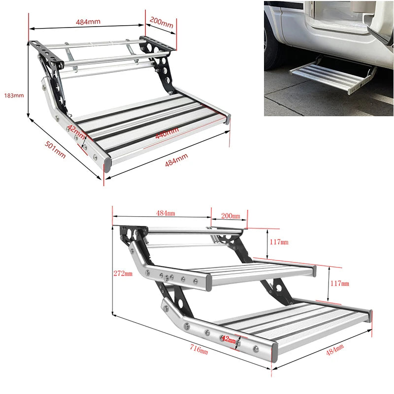 Escalón Plegable de Aluminio para Camper y Autocaravana – Simple o Doble Peldaño Antideslizante