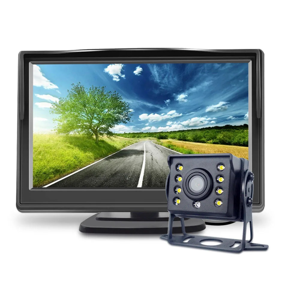 Cámara de Marcha Atrás QXNY con Cable 140° y Guías de Aparcamiento + Monitor 5” – Sistema de Visión Trasera para Coche, Furgoneta y RV (12V–24V)