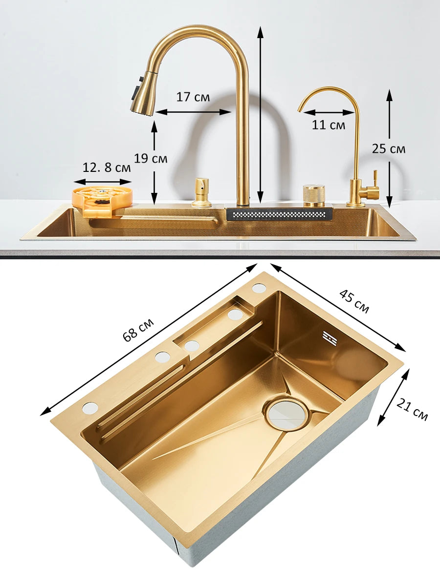 Évier de cuisine haut de gamme avec robinet cascade et accessoires intégrés 