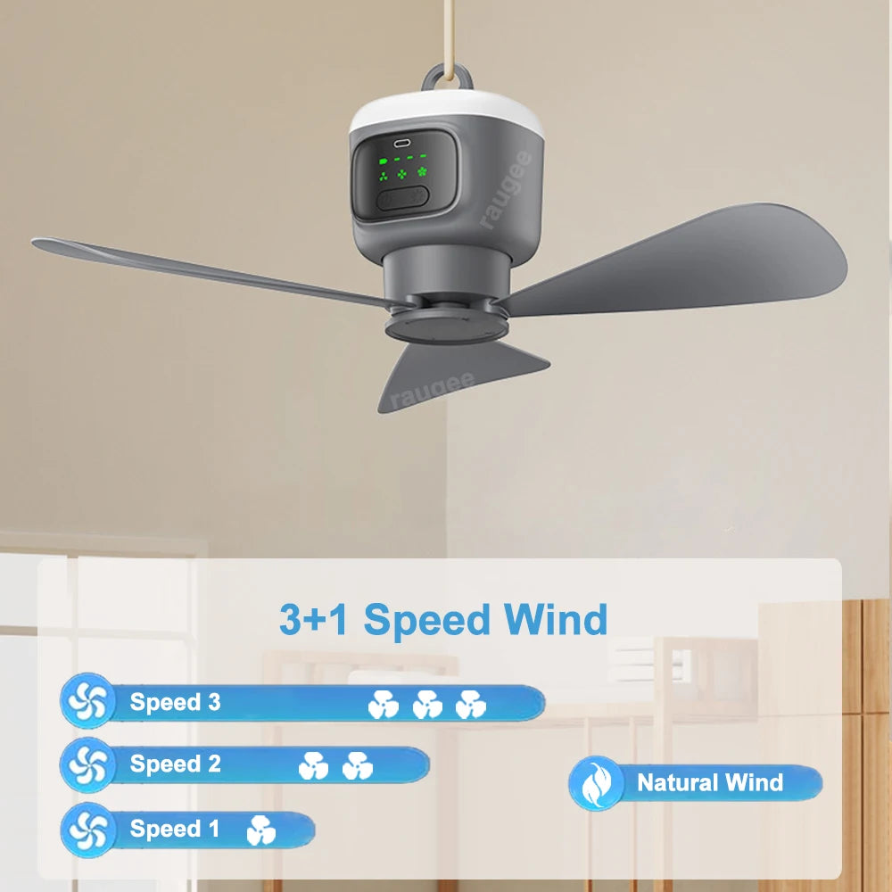 Ventilador Colgante Recargable con Control Remoto | 12000mAh, Aspas 450mm, Luz LED y Temporizador