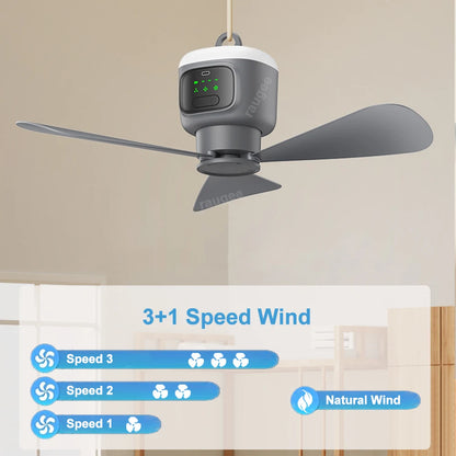 Ventilador Colgante Recargable con Control Remoto | 12000mAh, Aspas 450mm, Luz LED y Temporizador