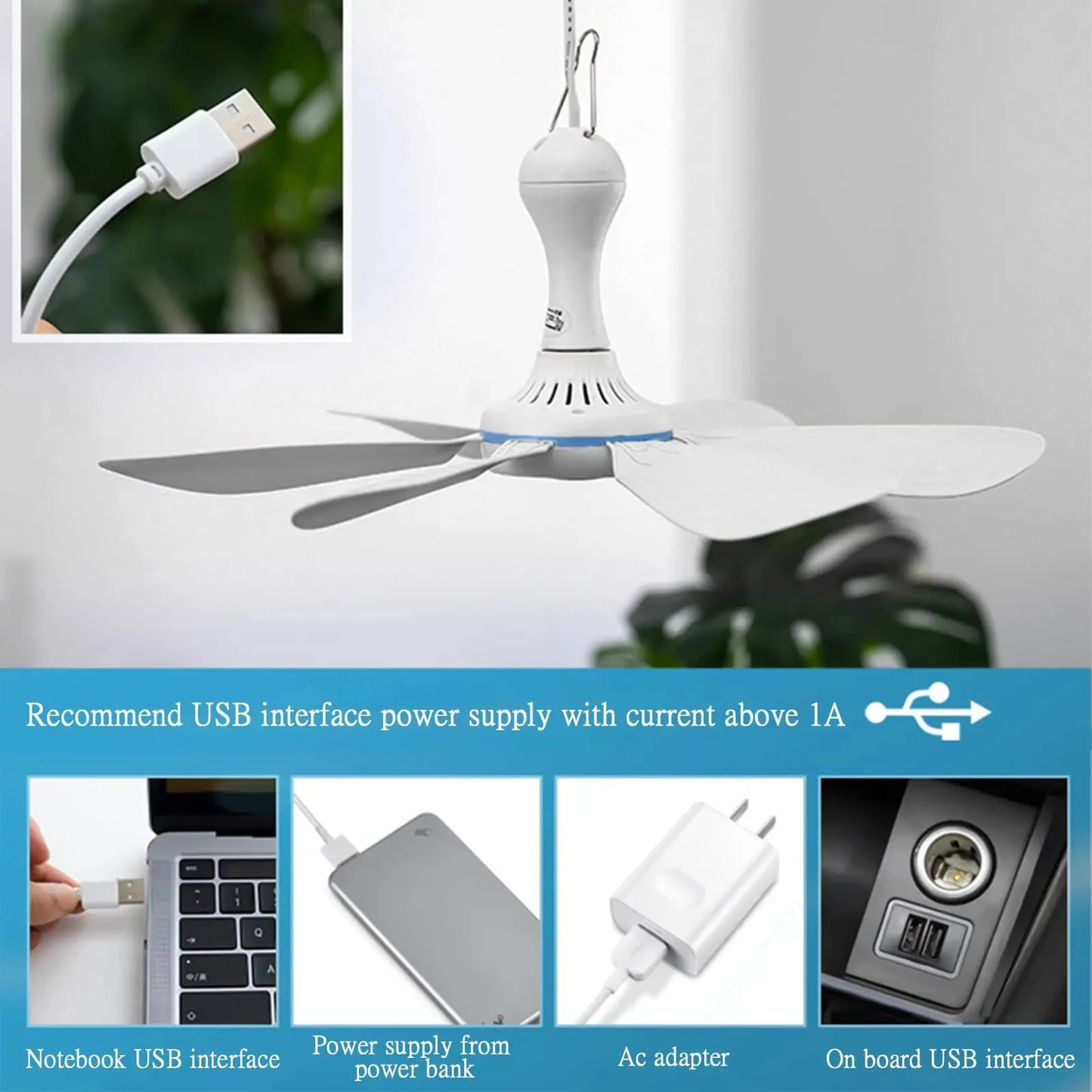 Ventilateur suspendu USB à 6 pales | Silencieux, portable et à faible consommation pour le camping et la maison