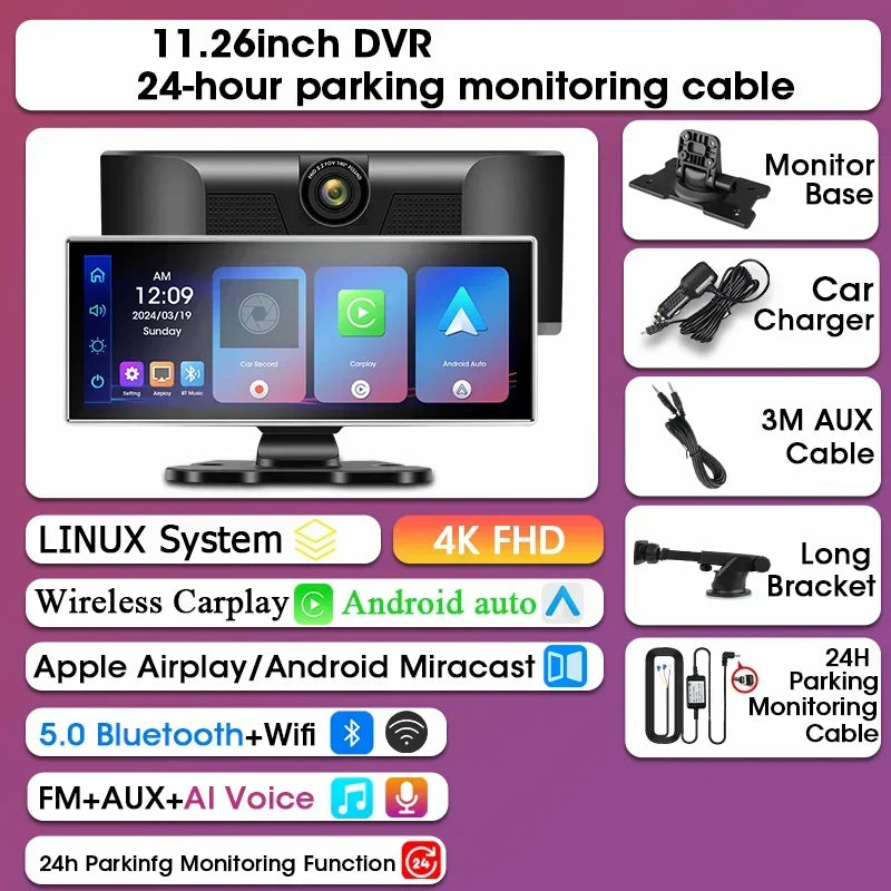 Dashcam 4K con Pantalla 11.26" + CarPlay/Android Auto - Srnubi