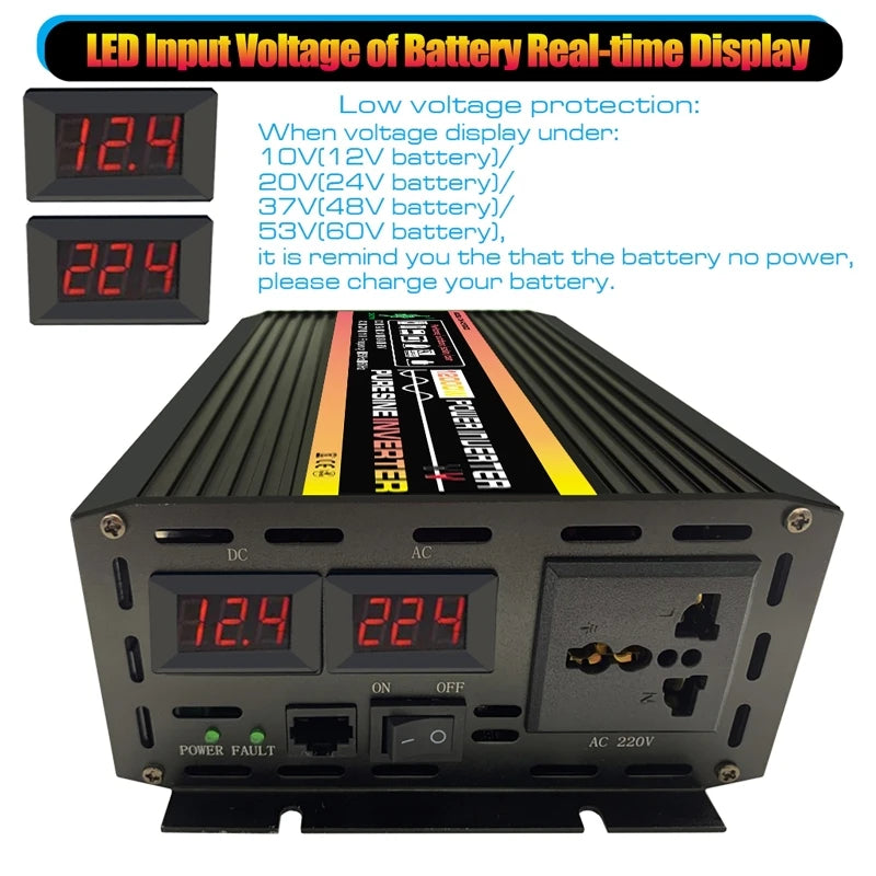Inversor de Corriente Onda Pura Inteligente 12V/24V a 220V | 1500W–2000W Continuos con Pantalla Digital para RV y Camper