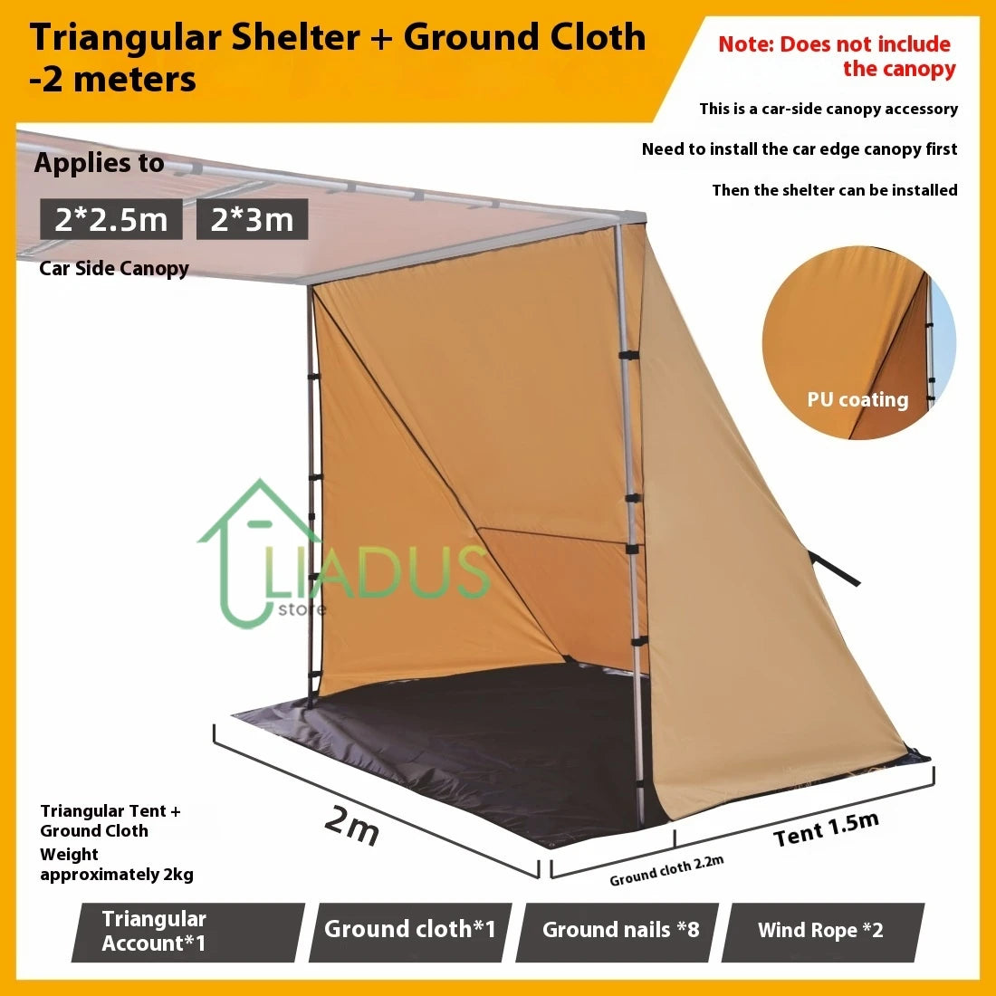 Triangular Side Car and Camper Awning - Waterproof 3000mm+ · Insect Net · UV50+ · Aluminum · 200x300cm