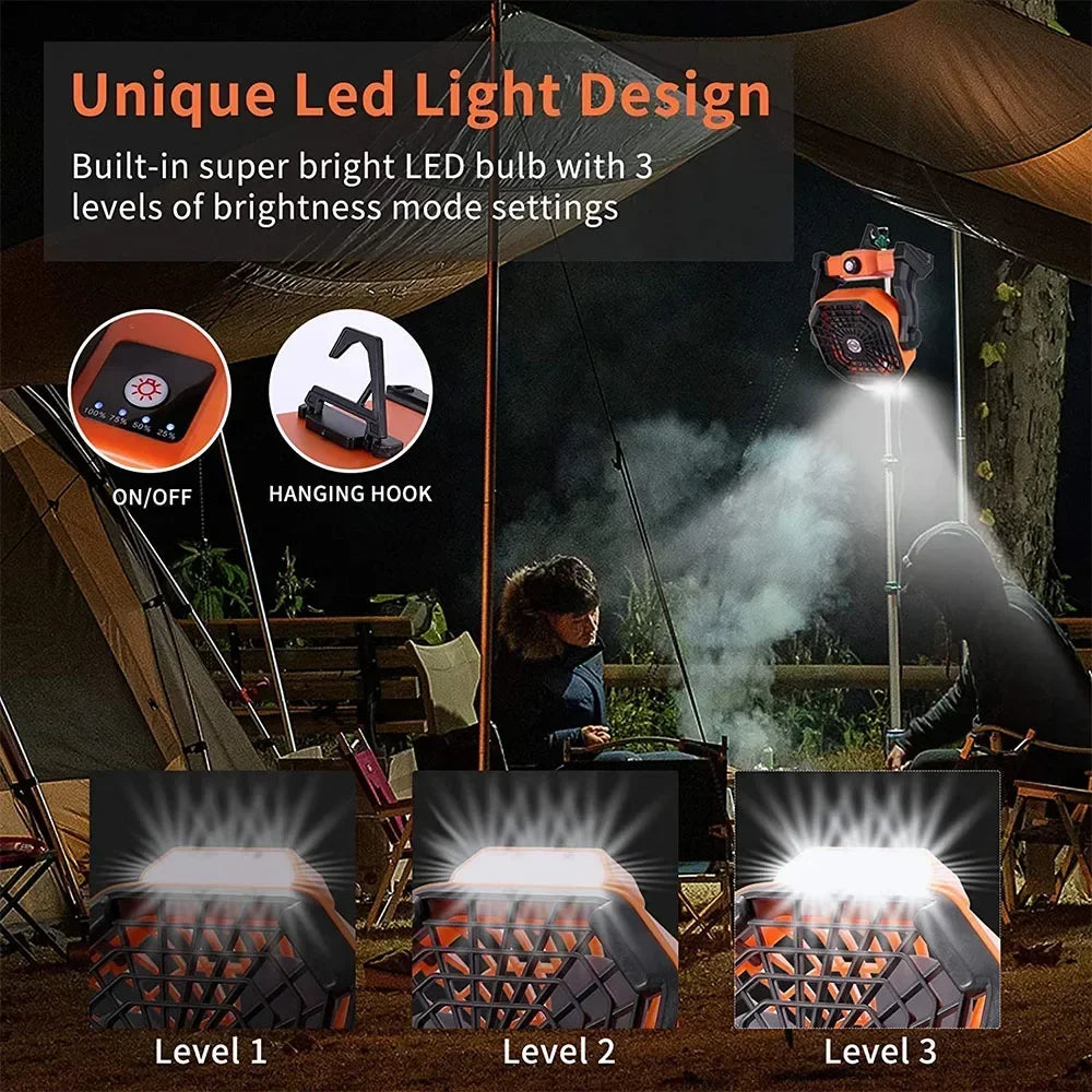 Ventilador LED Recargable para Camping | Batería 7800mAh, 3 Velocidades, Gancho Integrado