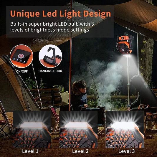 Ventilateur LED Rechargeable pour Camping | Batterie 7800mAh, 3 Vitesses, Crochet Intégré
