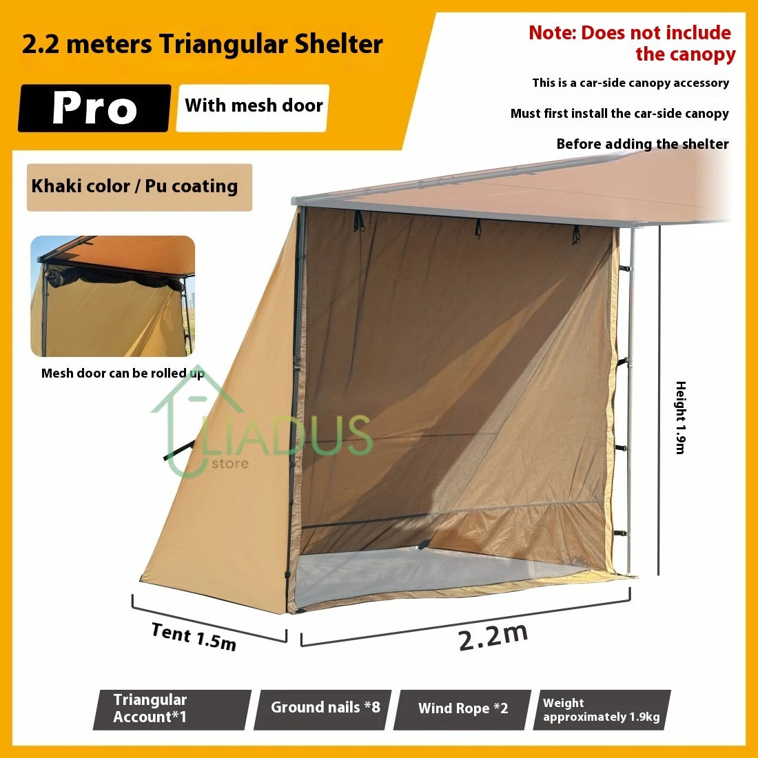 Triangular Side Car and Camper Awning - Waterproof 3000mm+ · Insect Net · UV50+ · Aluminum · 200x300cm