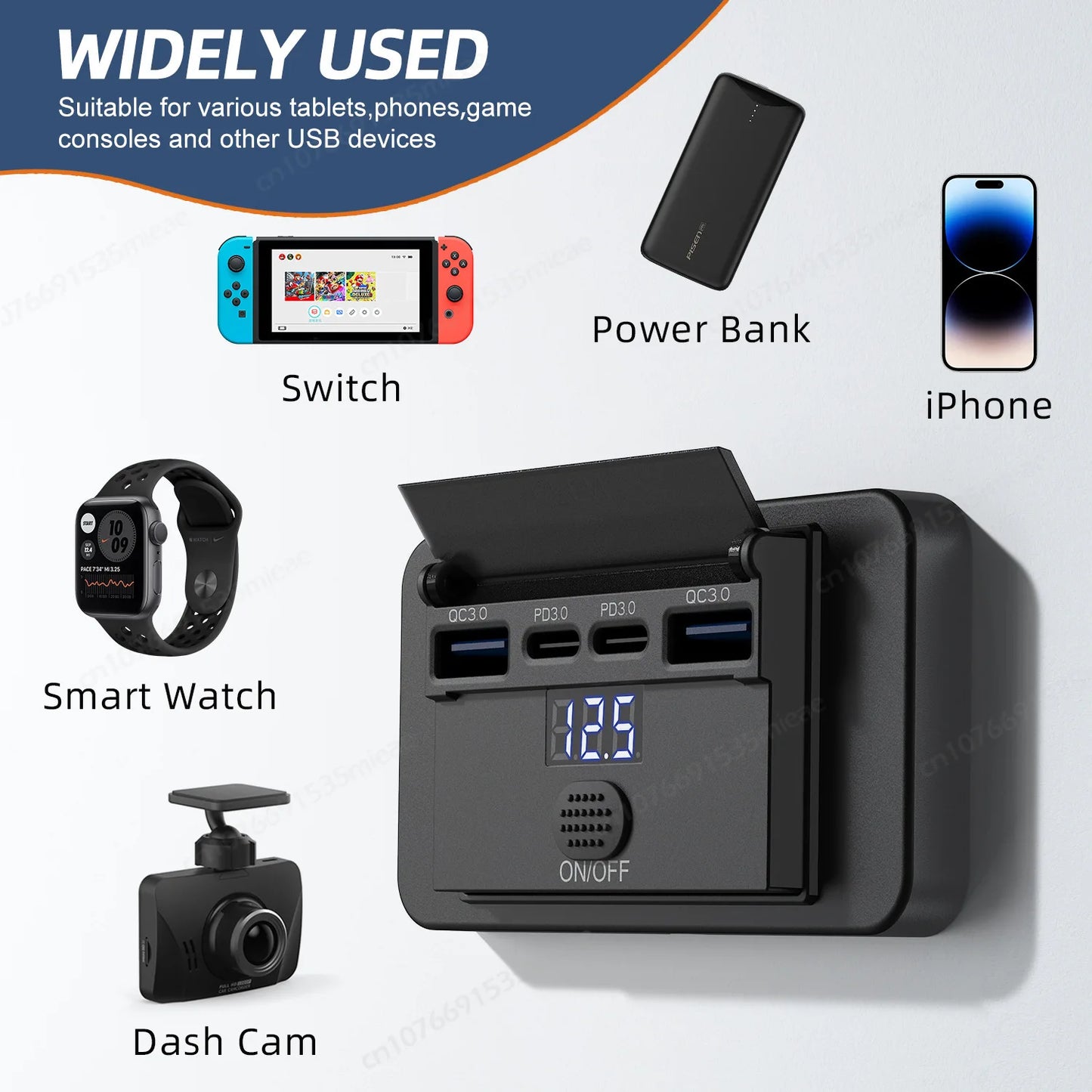 Toma USB Cuádruple 12–24V 84W con Interruptor y Voltímetro