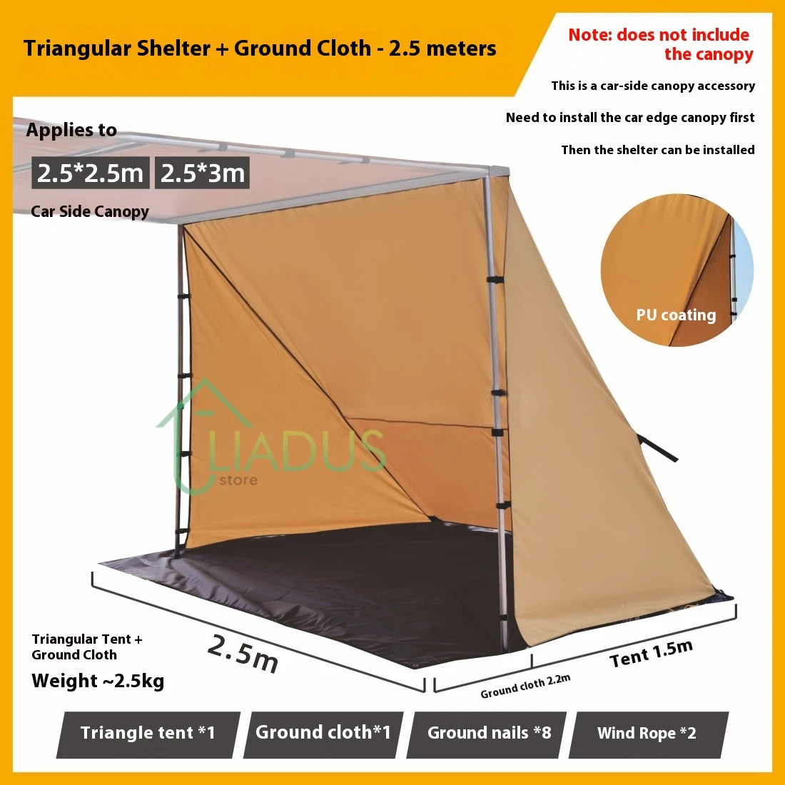 Triangular Side Car and Camper Awning - Waterproof 3000mm+ · Insect Net · UV50+ · Aluminum · 200x300cm