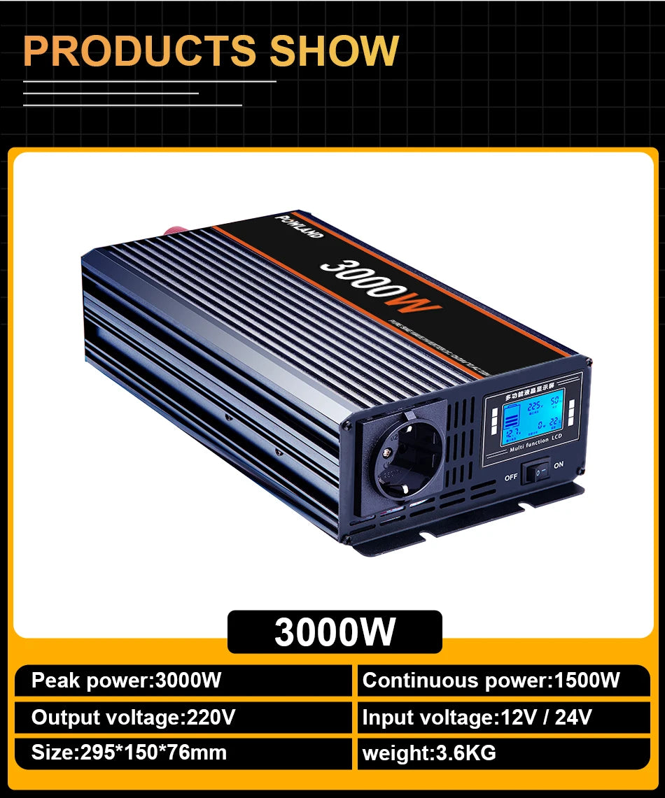 Inversor de Corriente Onda Pura 12V / 24V a 220V | 3000W – 5000W | Con Control Remoto y Pantalla LED para RV y Camper