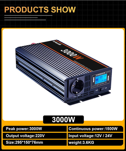 Inversor de Corriente Onda Pura 12V / 24V a 220V | 3000W – 5000W | Con Control Remoto y Pantalla LED para RV y Camper