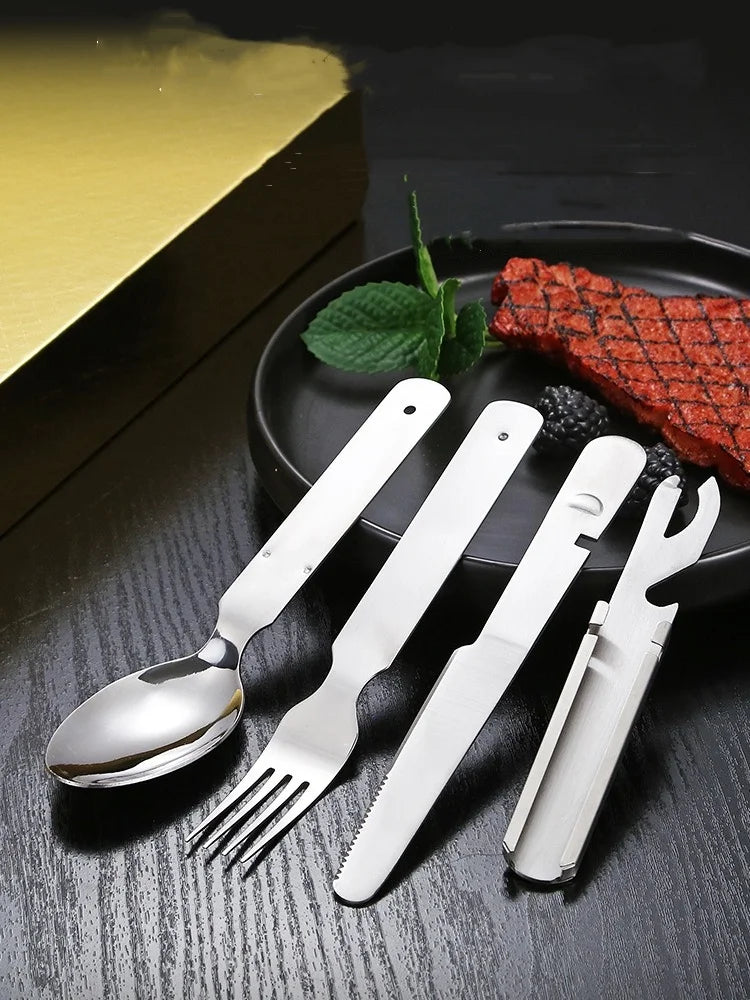 Cubiertos Acero Inox Plegables - Set 4-en-1 + Abrelatas (Camping/RV)