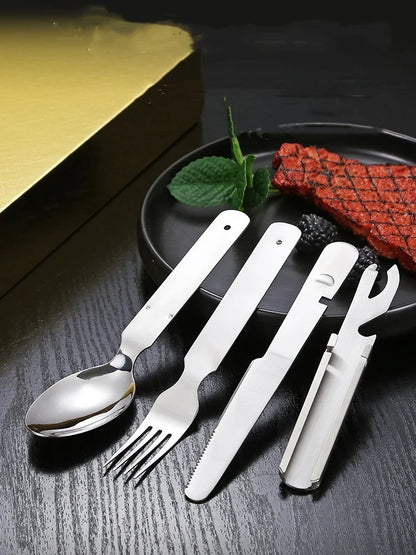Cubiertos Acero Inox Plegables - Set 4-en-1 + Abrelatas (Camping/RV)