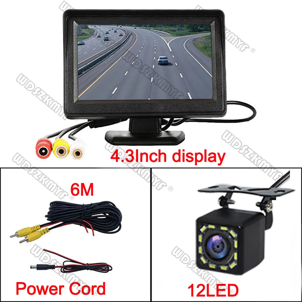 Cámara de Marcha Atrás con Cable y Visión Nocturna LED 170° – Kit con Monitor 4,3” para Coche, Camper y Furgoneta