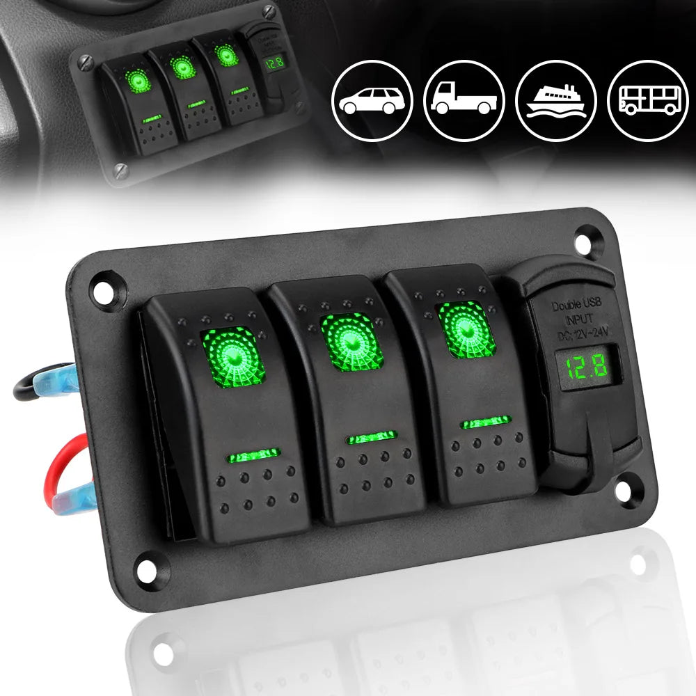 Panel de Interruptores LED 12V/24V – 3 Vías con Voltímetro y USB