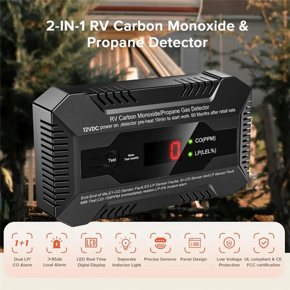Detector Digital de Gas Propano y Monóxido de Carbono 12V para RV | Alarma Dual LP/CO con Pantalla