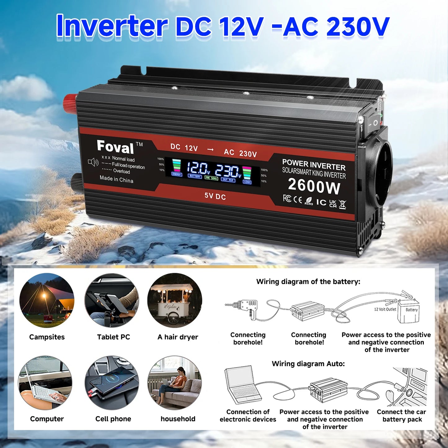 Inversor de Corriente 12V a 220V Onda Modificada con Pantalla LCD | 750W–1300W Continuos para RV, Camper y Vehículos