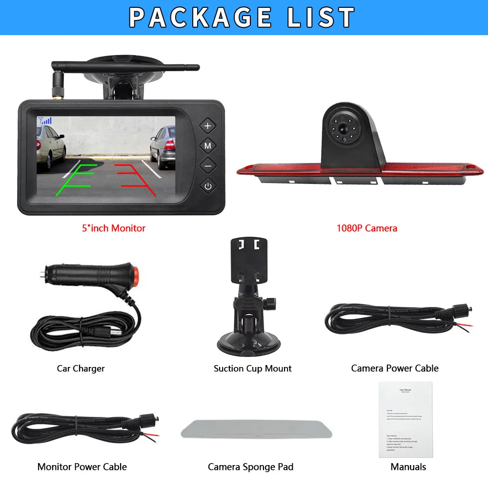 Kit Cámara de Marcha Atrás Inalámbrica 1080P con Monitor 5” – Luz de Freno para Mercedes Sprinter y VW Crafter