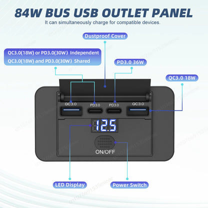 Toma USB Cuádruple 12–24V 84W con Interruptor y Voltímetro