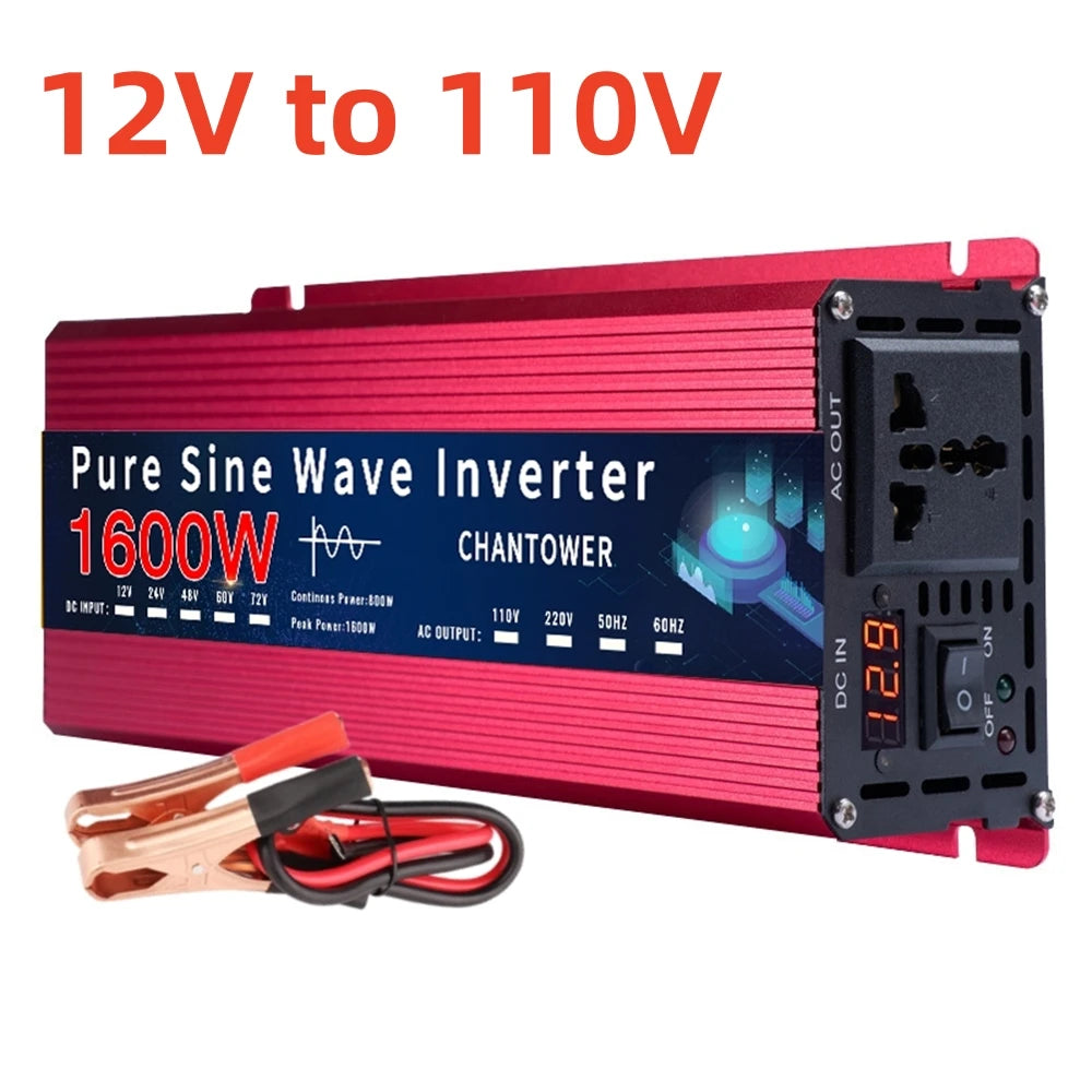Inversor de Corriente Onda Pura 12V/24V a 110V–220V | 800W–1500W Continuos con Pantalla LCD para RV y Camper