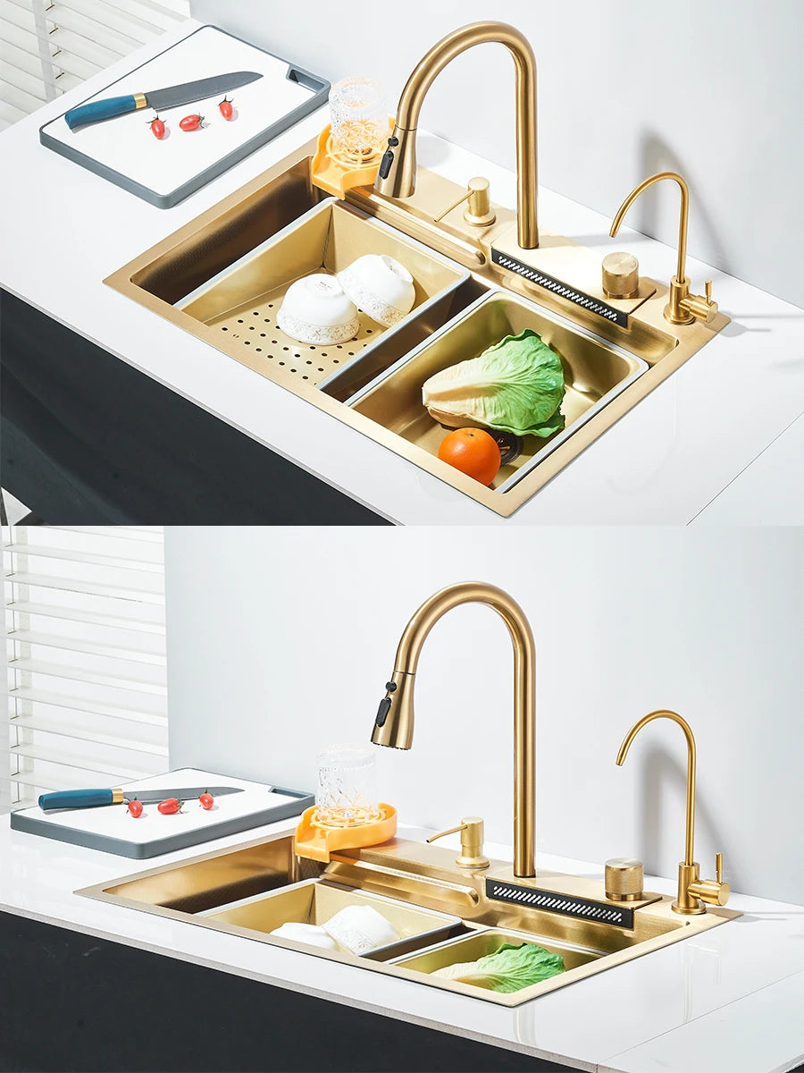 Évier de cuisine haut de gamme avec robinet cascade et accessoires intégrés 