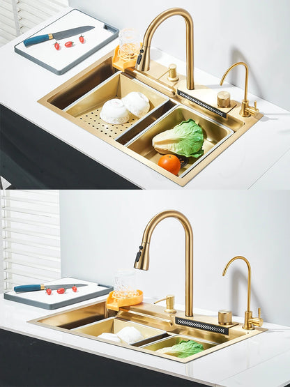 Évier de cuisine haut de gamme avec robinet cascade et accessoires intégrés 