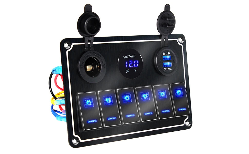 Panel de Interruptores de Aluminio 12V / 24V con USB y LED Azul