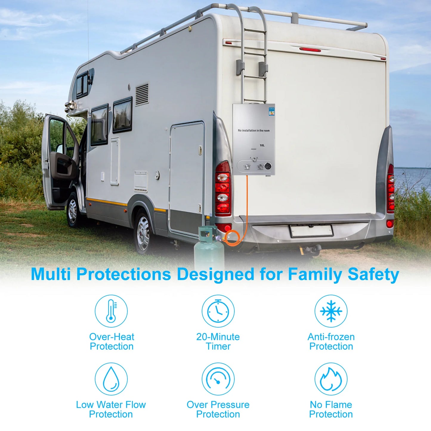 10L Gas Water Heater for Camper and Camping – Instant LPG 20 kW with Shower