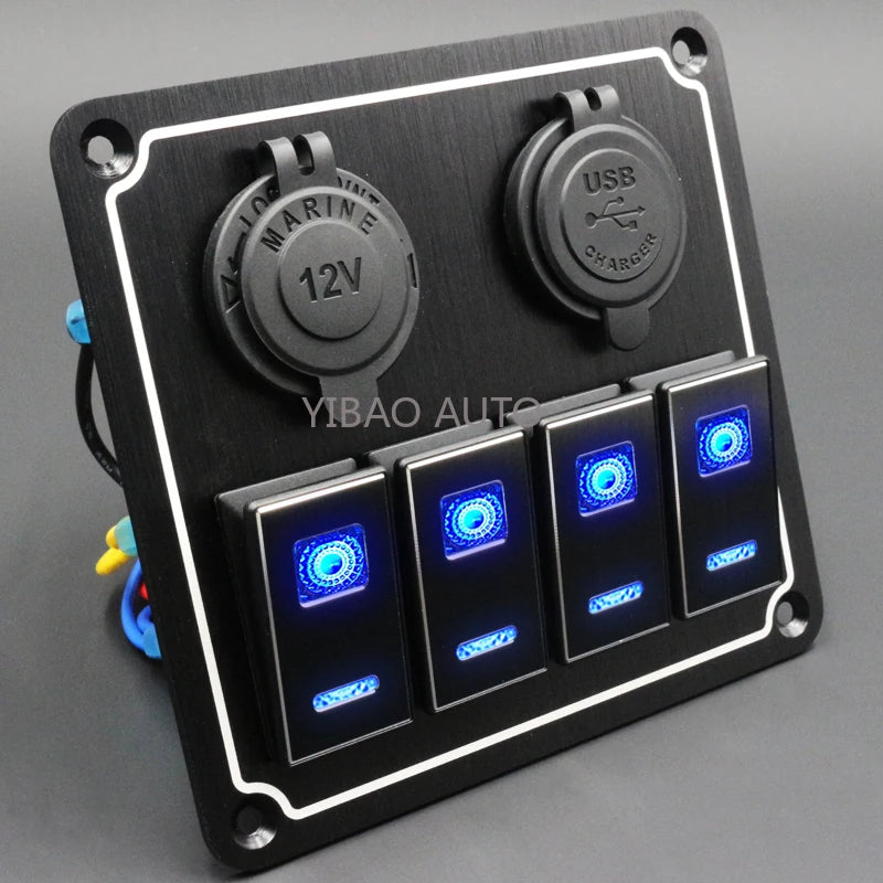 Panel de Interruptores de Aluminio 12V / 24V con USB y LED Azul