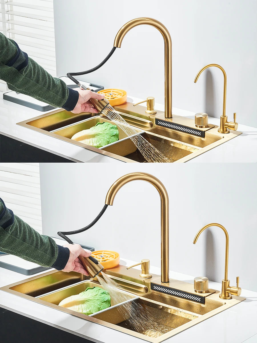 Évier de cuisine haut de gamme avec robinet cascade et accessoires intégrés 