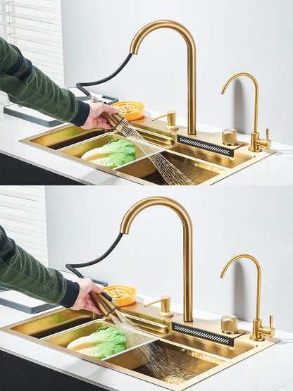 Évier de cuisine haut de gamme avec robinet cascade et accessoires intégrés 