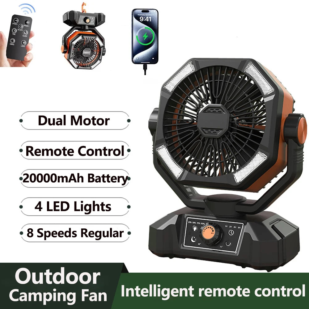 20000mAh Portable Desk Fan with Remote Control, 8 Speeds, and USB Charging