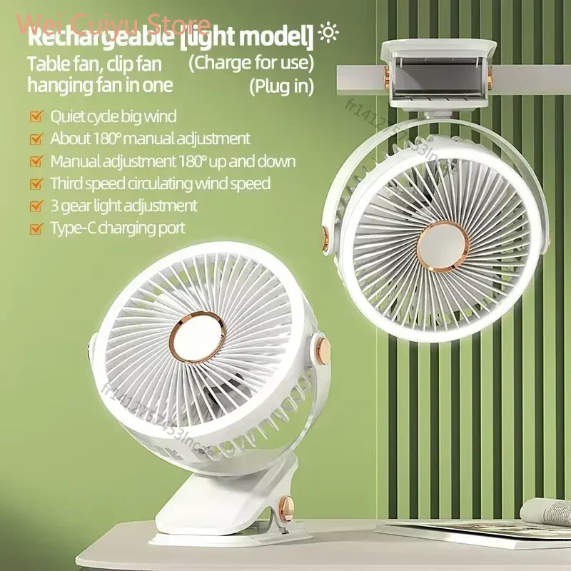 Ventilateur LED rechargeable avec pince | Conception 3-en-1 : table, plafond ou camping
