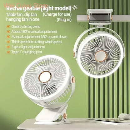 Ventilateur LED rechargeable avec pince | Conception 3-en-1 : table, plafond ou camping