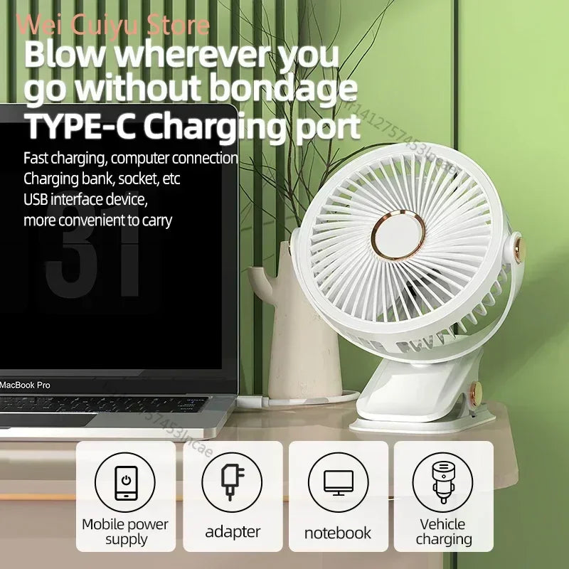 Ventilateur LED rechargeable avec pince | Conception 3-en-1 : table, plafond ou camping