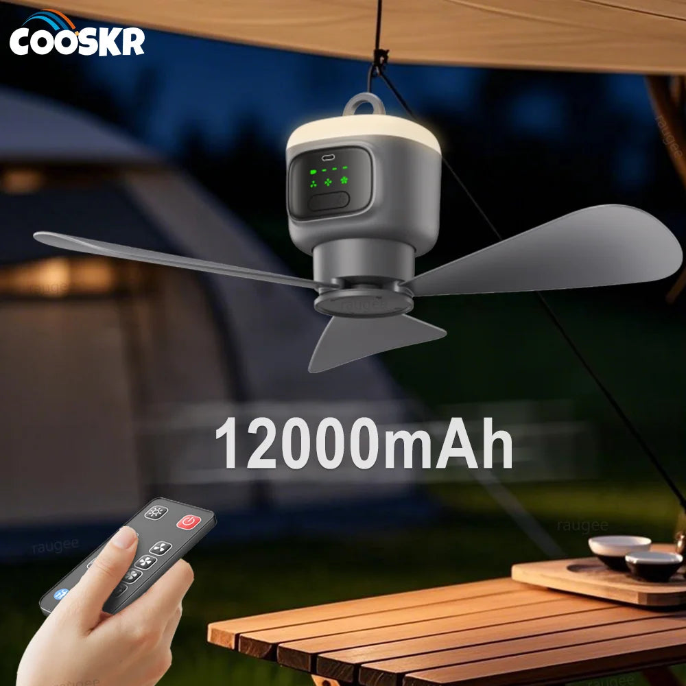 Ventilador Colgante Recargable con Control Remoto | 12000mAh, Aspas 450mm, Luz LED y Temporizador