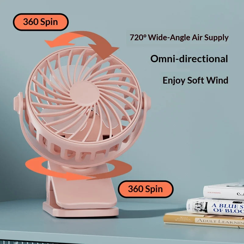 USB Clip Fan 360° - 3 Speeds + Night Light for Camper (Rechargeable)