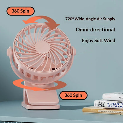 USB Clip Fan 360° - 3 Speeds + Night Light for Camper (Rechargeable)